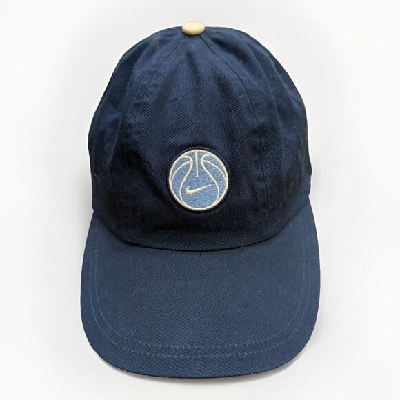 Vintage 90s Nike Mens Navy Basketball Swoosh Adjustable Strapback Hat Black Tags - Picture 1 of 9